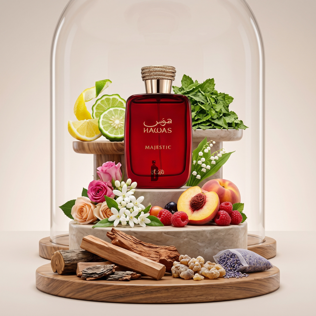 A 100ml bottle of “Hawas Majestic” Eau de Parfum by Rasasi is showcased beneath a glass dome, encircled by a vibrant display of fruits, flowers, herbs, wood, and spices—artfully arranged on tiered wooden stands to capture the essence of this fresh fragrance.