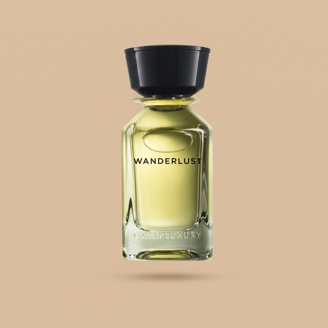 A transparent glass bottle filled with a light yellow fragrance, embossed with “OCEAN LUXURY” along the lower front and adorned with a black cap, holds OmanLuxury’s Wanderlust 100ml EDP. Showcasing the adventurous spirit of this signature perfume by OmanLuxury, the bottle stands out against a solid beige background.