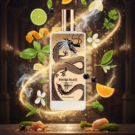 The Memo Paris Winter Palace 75ml EDP bottle, adorned with a dragon motif, sits among swirling herbs, citrus slices, and spices, set against an ornate backdrop to evoke the luxury and freshness of Memo Paris.