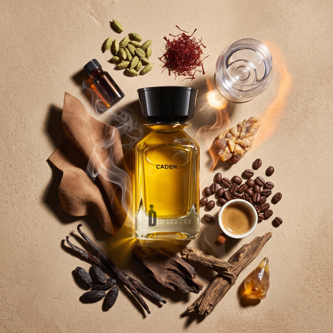 A bottle of OmanLuxury Caden 100ml EDP is elegantly displayed on a beige surface, surrounded by coffee beans, vanilla pods, spices, a cup of espresso, leather, cardamom, wood, amber, a glass of water, and saffron. This striking arrangement beautifully captures the essence of OmanLuxury’s Caden—a luxurious fragrance that blends rich notes into an unforgettable scent experience.