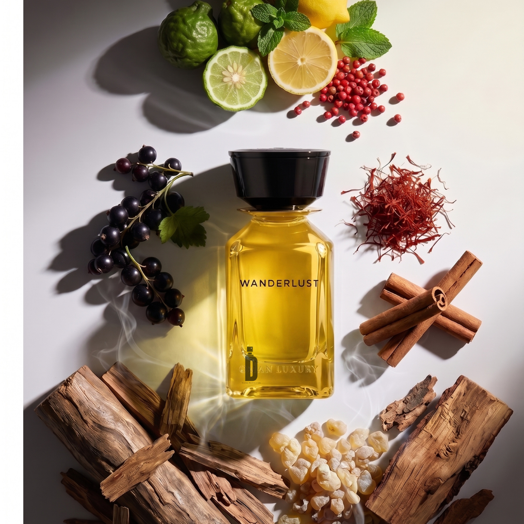 A 100ml bottle of Wanderlust Eau de Parfum by OmanLuxury rests on a white surface, encircled by cinnamon sticks, saffron strands, blackcurrants, citrus slices, pink peppercorns, woody elements, and rich resin—an adventurous fragrance from OmanLuxury with a woody base that captures the essence of exploration.