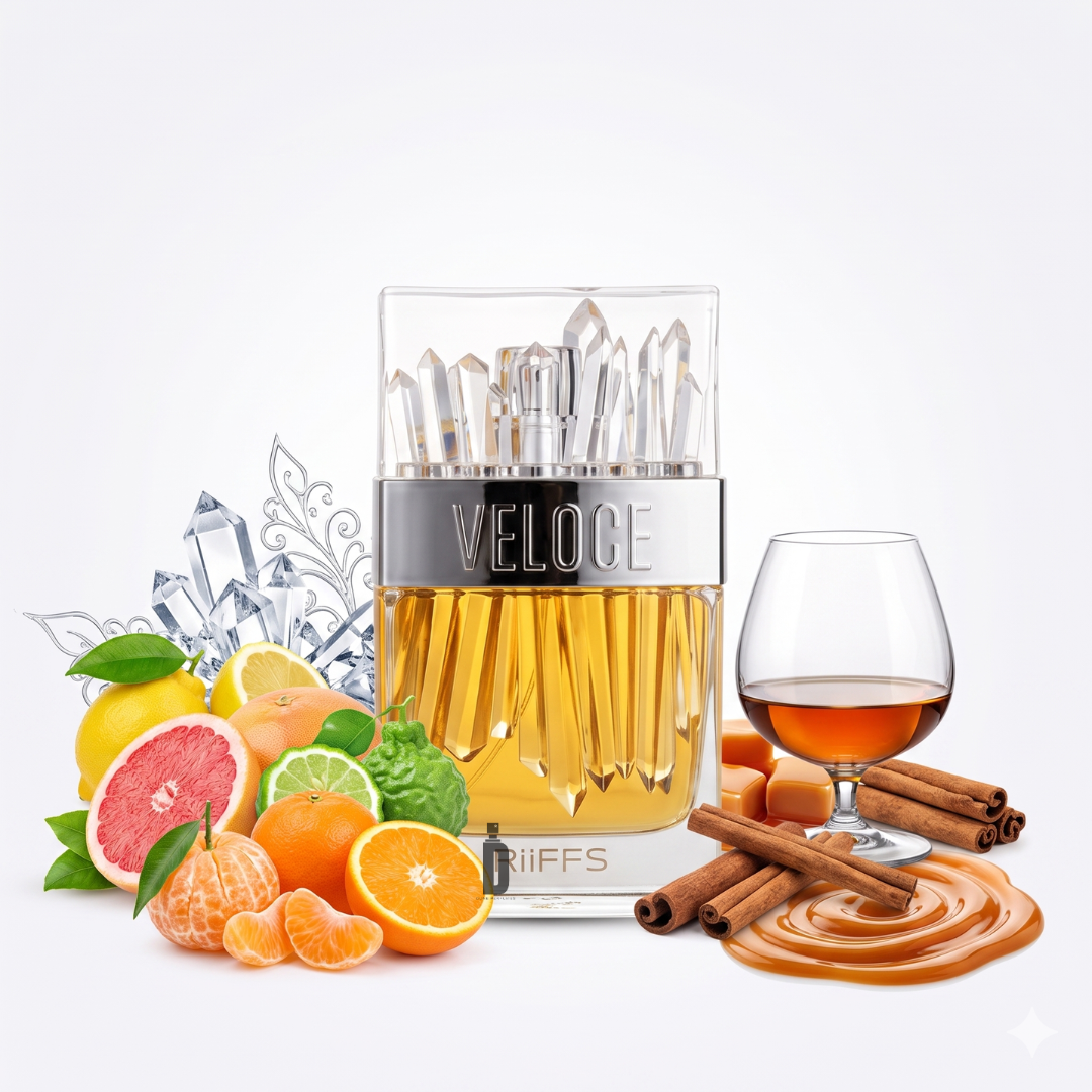 A glass bottle of Riiffs veloce 100ml EDP is encircled by citrus fruits, tangerines, grapefruit, caramel, and cinnamon—evoking this vibrant citrus gourmand men’s perfume. Gleaming crystal accents enhance the modern scent's allure.
