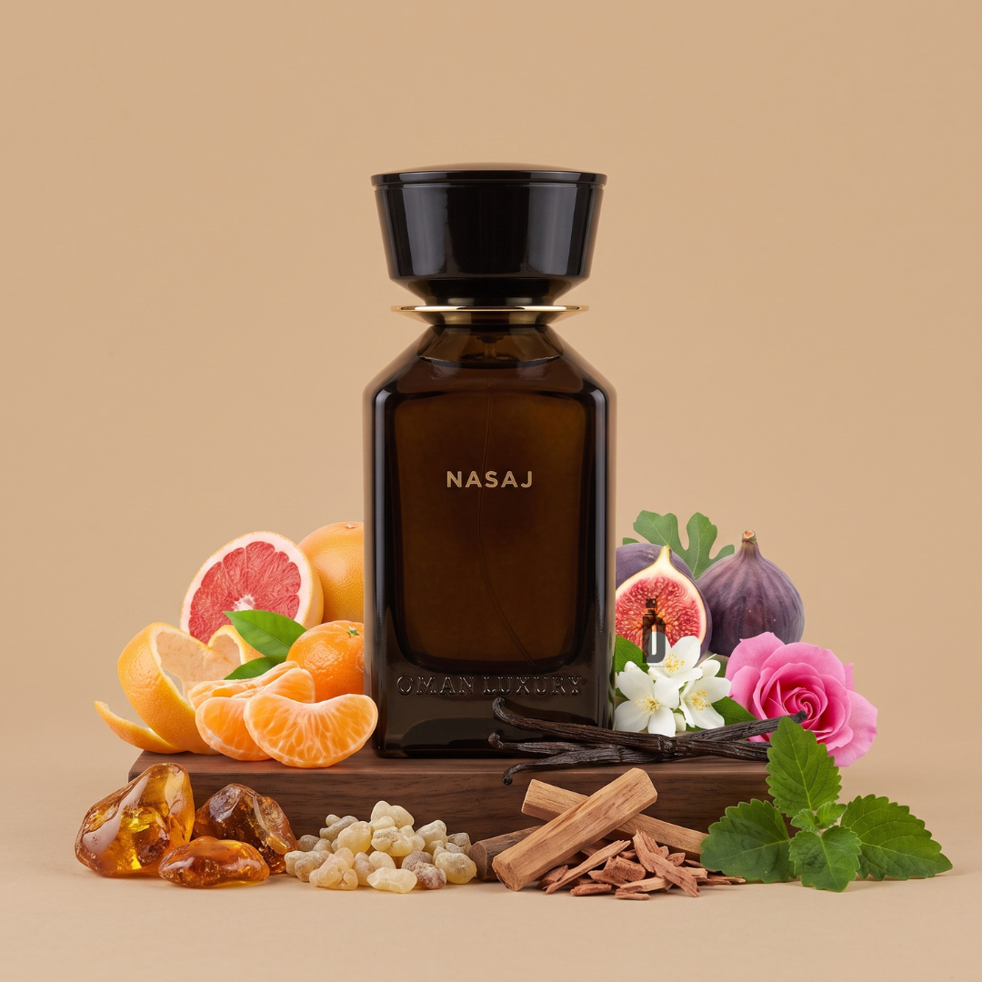 A dark perfume bottle labeled “Nasaj 100ml EDP - OmanLuxury” stands surrounded by citrus fruits, figs, flowers, vanilla beans, roses, sandalwood, frankincense, and green leaves on a brown background—an elegant display capturing the essence of this fragrance from OmanLuxury.