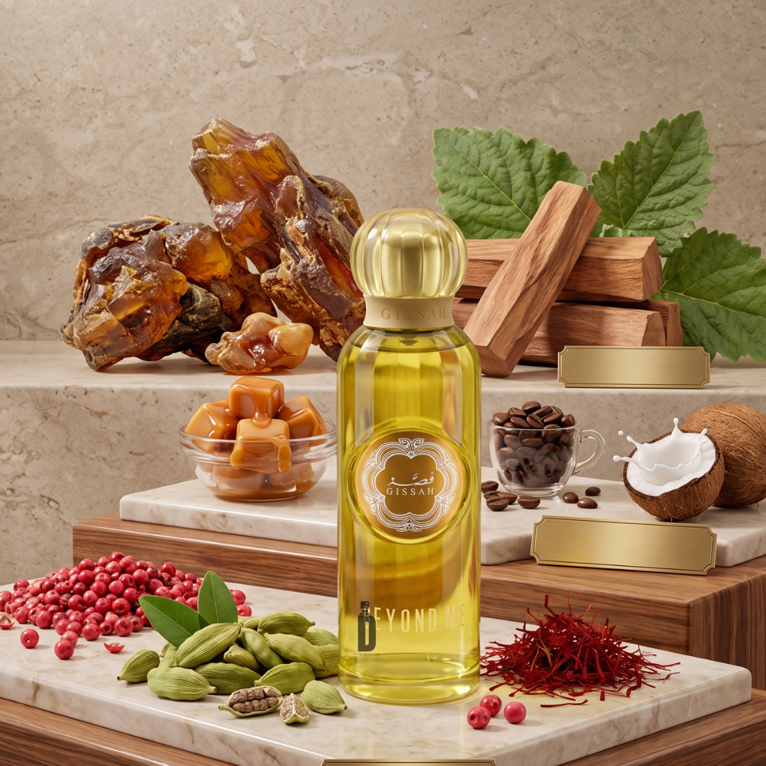 The Gissah Beyond Me 100ml EDP is showcased among caramel, coffee beans, saffron, cardamom, pink peppercorns, dates, sandalwood, mint leaves, and coconut—reflecting its long-lasting gourmand essence.