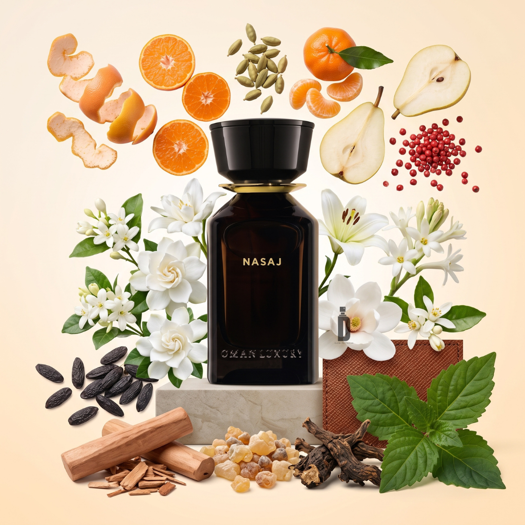 A sleek black bottle of Nasaj 100ml EDP by OmanLuxury is elegantly displayed amidst white blossoms, citrus slices, pear, aromatic spices, cinnamon sticks, resin pieces, green leaves, and vanilla beans on a light backdrop—reflecting the sophistication and essence of this true luxury fragrance.