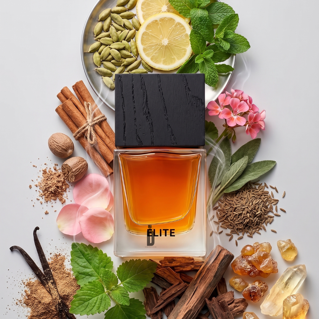 A bottle of Elite 100ml EDP by Aurora Scents is surrounded by various ingredients, including lemon slices, mint, cardamom, cinnamon sticks, nutmeg, vanilla beans, pink petals, amber resin, and assorted green and brown herbs. This luxurious perfume from Aurora Scents artfully combines fresh citrus notes with warm spices for an unforgettable aromatic experience.