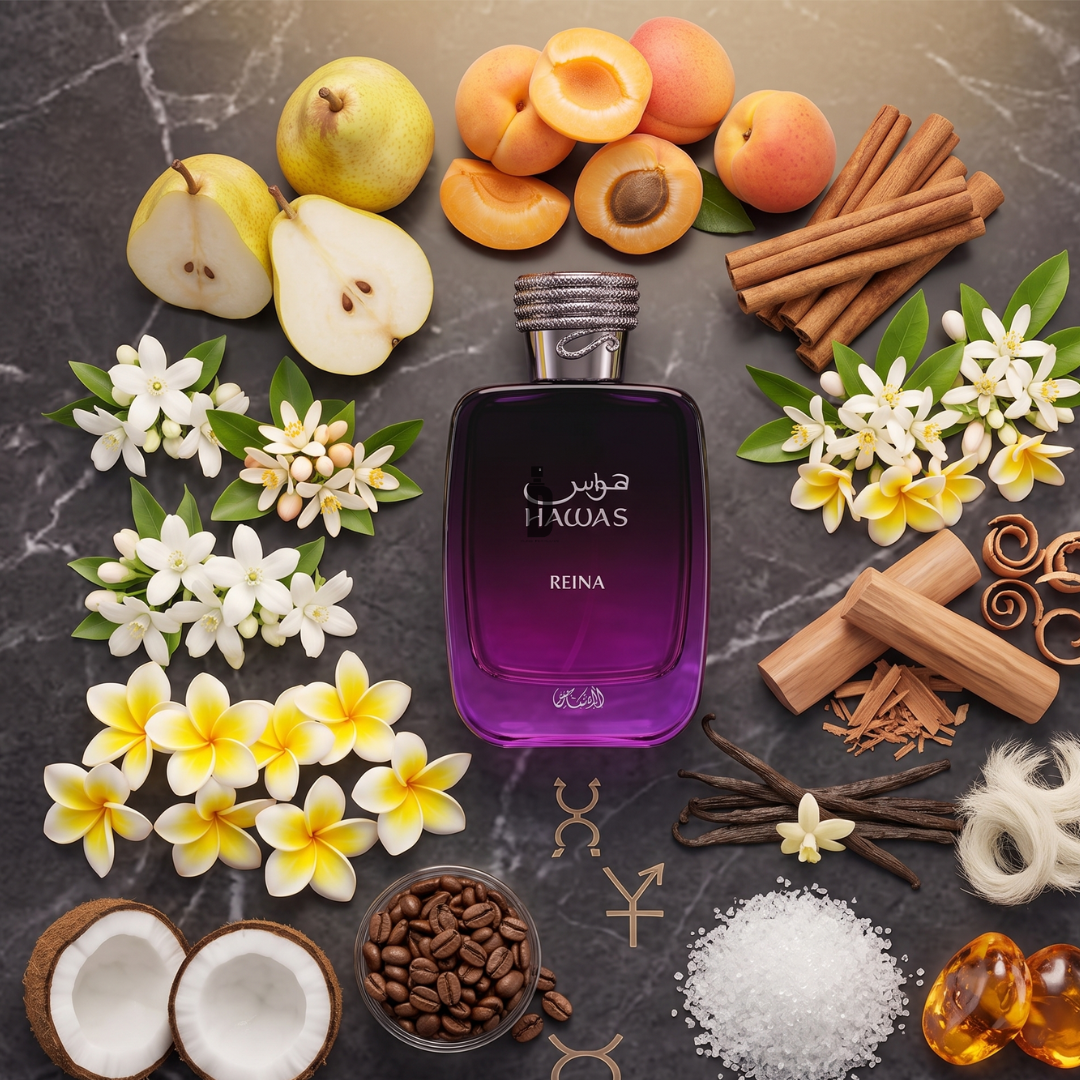 The Rasasi Hawas Reina 100ml EDP, in a purple bottle, is displayed with pears, apricots, cinnamon sticks, flowers, coconut halves, coffee beans, salt, caramel, and wood—a sweet gourmand floral fragrance.