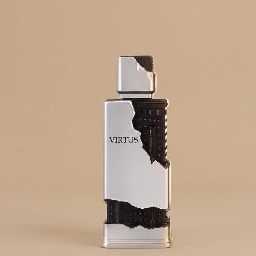 The Virtus 100ml EDP by Riiffs features a distinctive bottle—one side echoing classic architecture, the other sleek and metallic—that embodies its fresh, spicy scent, all set against a simple beige background.