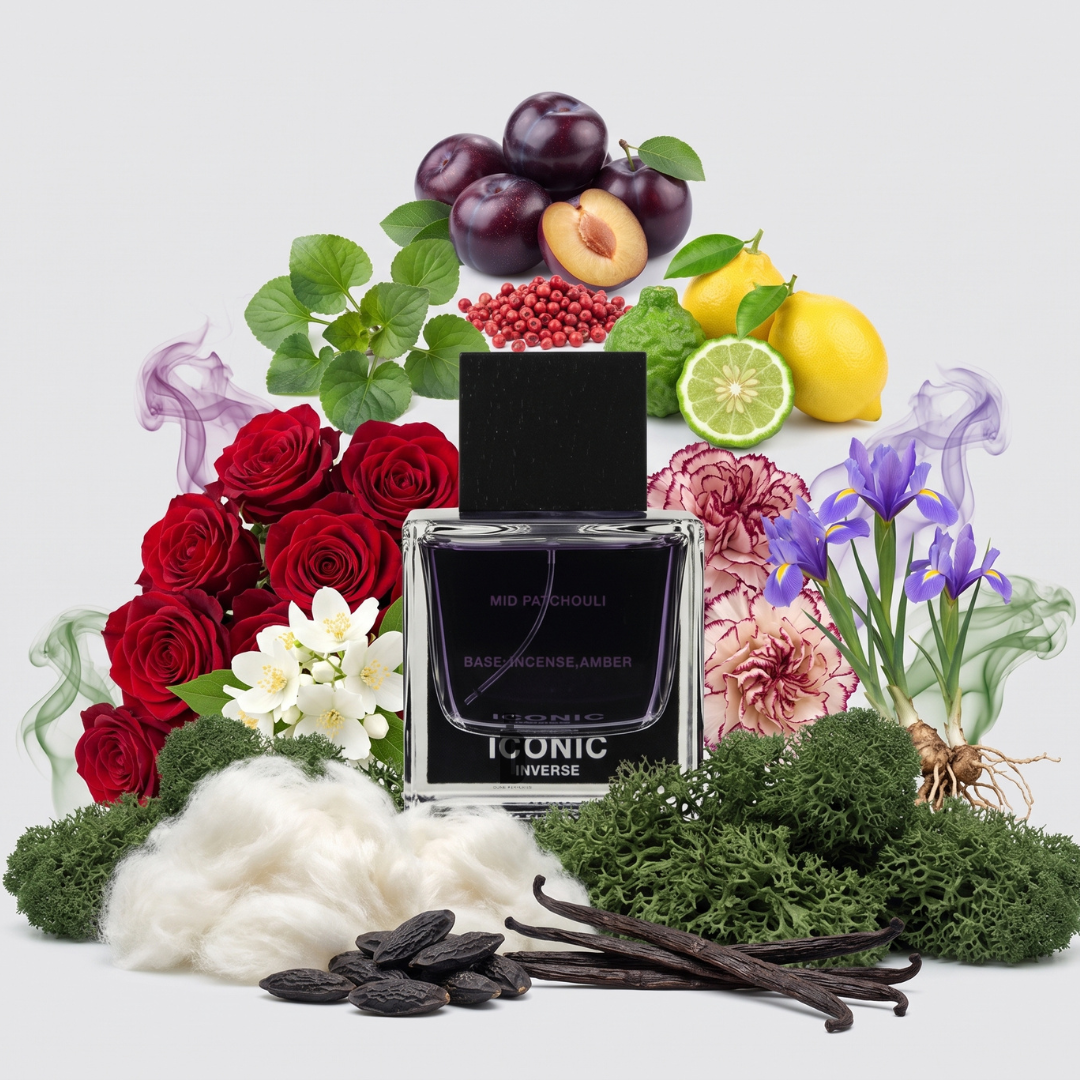 A bottle of Iconic Inverse 100ml EDP by Aurora Scents, a fresh marine fragrance for men, is surrounded by various ingredients including roses, plums, lemons, vanilla beans, cotton, moss, and assorted flowers and herbs—all artfully arranged on a light background.