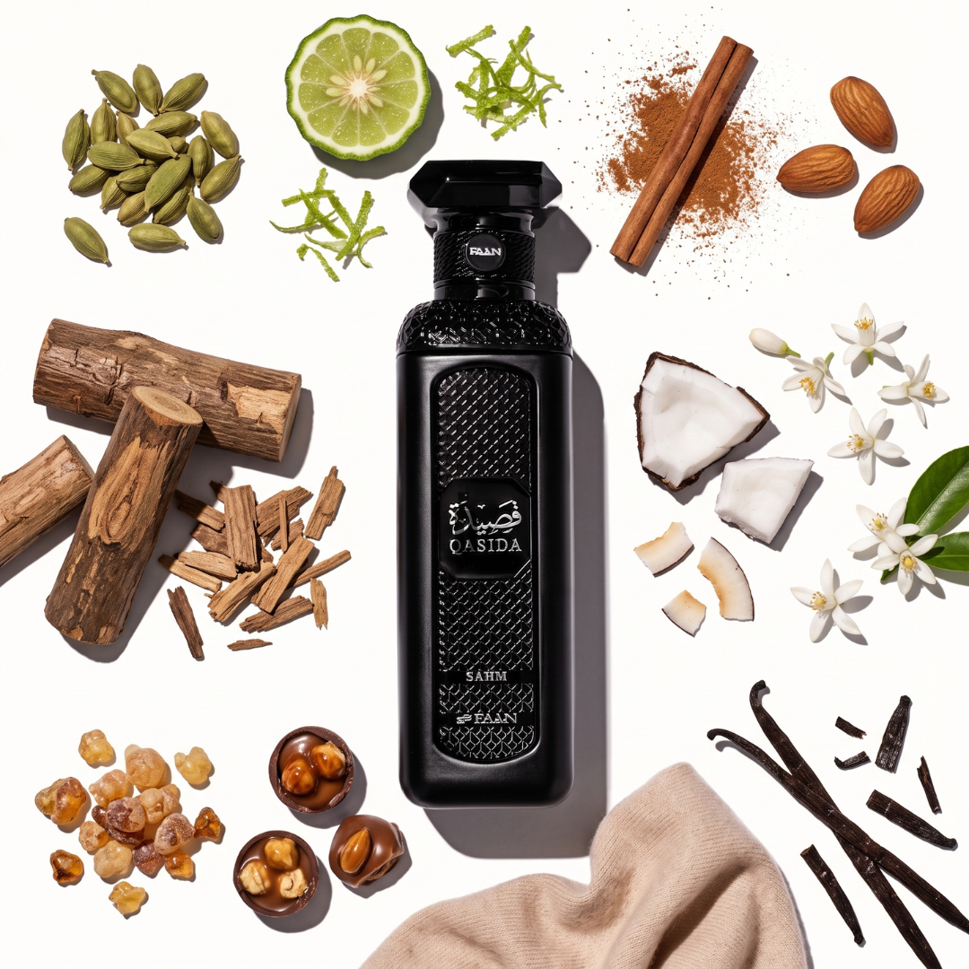 A sleek black bottle of Qasida Sahm 200ml EDP by Faan Perfumes is artfully arranged on a white background, surrounded by fragrant ingredients such as cardamom, lime, cinnamon, almonds, licorice, coconut, vanilla, frankincense, and delicate flowers. This sophisticated display highlights the allure and complexity of this exquisite oud perfume crafted by Faan Perfumes to captivate the senses.