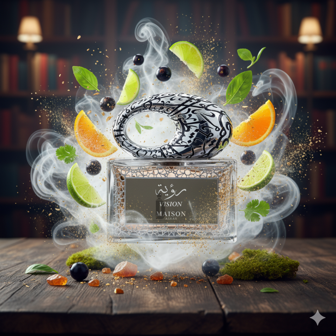 The Vision 100ml EDP by Gulf Orchid Maison Asrar stands on a wooden table with swirling mist, orange and lime slices, herbs, moss, blackcurrants, and sparkling crystals, evoking a fresh fragrance before a blurred bookshelf.
