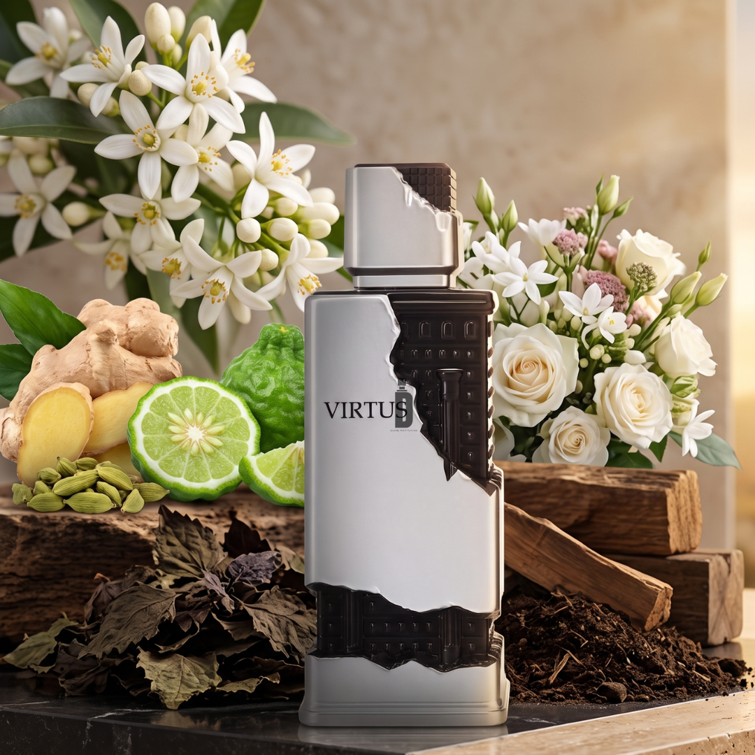 A bottle of Virtus 100ml EDP by Riiffs rests among ginger, bergamot, cardamom pods, tobacco leaves, and white flowers—sunlight highlighting this modern fragrance inspired by nature.