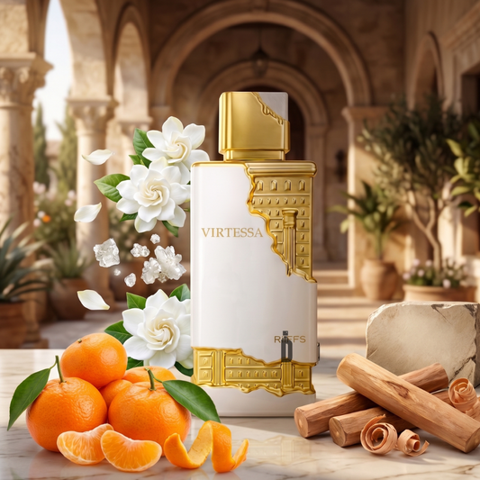 The luxurious Virtessa 100ml EDP by Riiffs features gold accents and stands on marble, surrounded by tangerines, white flowers, sandalwood sticks, and resins—evoking a radiant floral scent inspired by a Mediterranean courtyard.