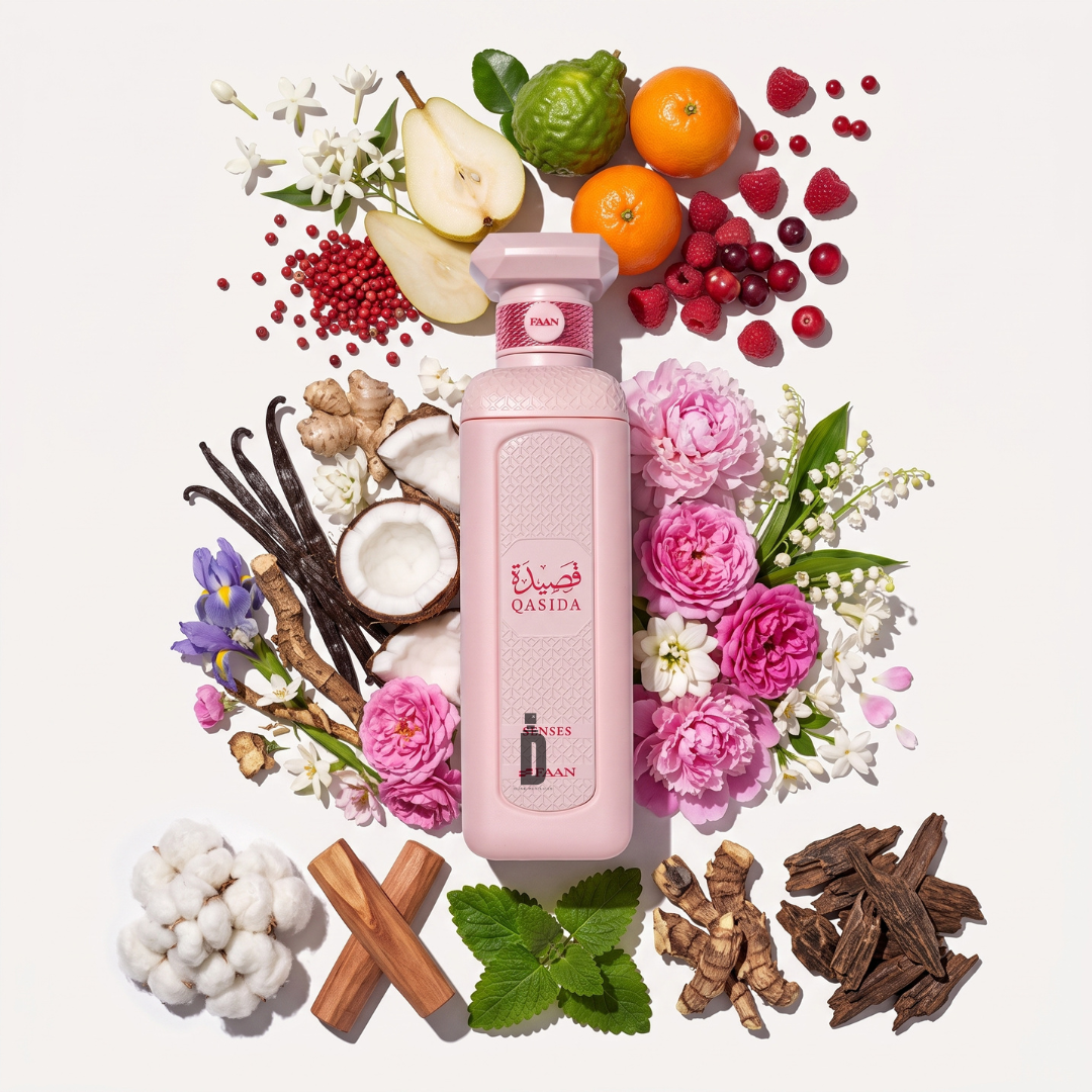 A 200ml bottle of Qasida Senses EDP by Faan Perfumes, in pink, is artfully arranged on a white background and surrounded by flowers, fruits, bourbon vanilla beans, coconut, herbs, and spices—reflecting its enchanting fragrance with an array of vibrant notes.