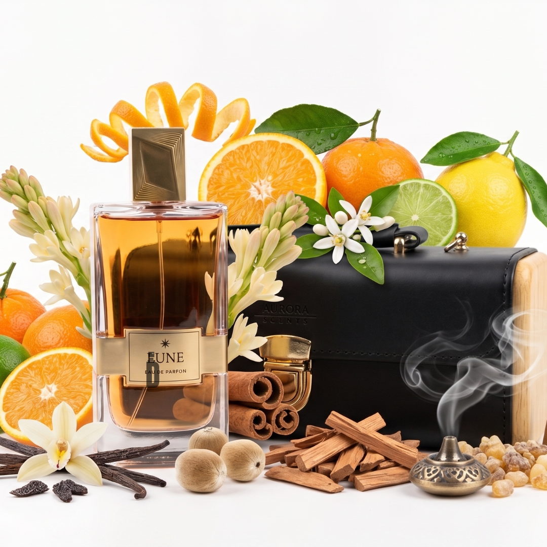 The Lune 100ml EDP by Aurora Scents is displayed with citrus fruits, vanilla flowers, cinnamon sticks, nutmeg, and a black purse; nearby incense smoke evokes its sensual woods and vibrant citrus floral notes.