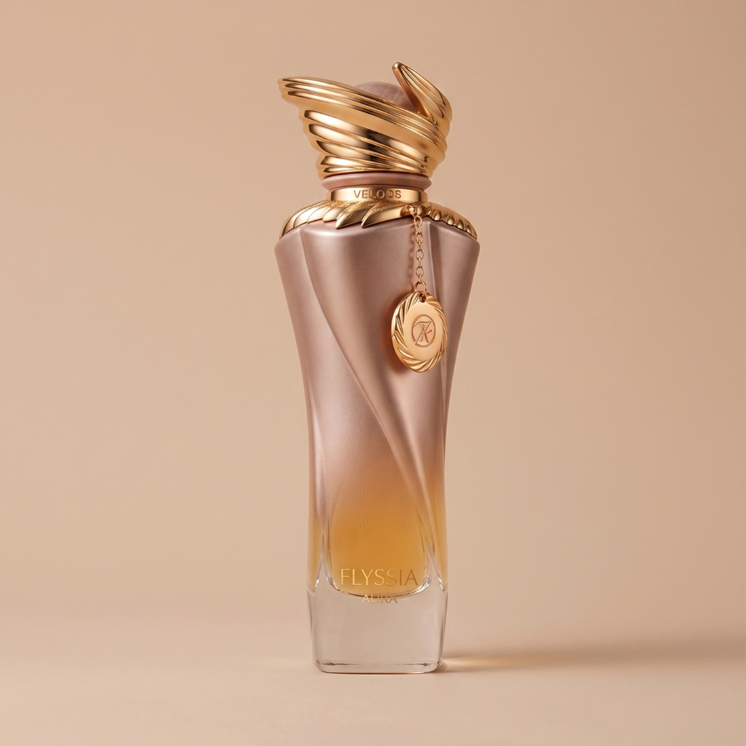 A luxurious 100ml Elyssia Aura EDP by Riiffs, featuring a gold wing-shaped cap, gold medallion on a chain, and a gradient light brown to clear bottle. "FLYSSIA" label. Ideal for gourmand scent lovers. Light beige background.
