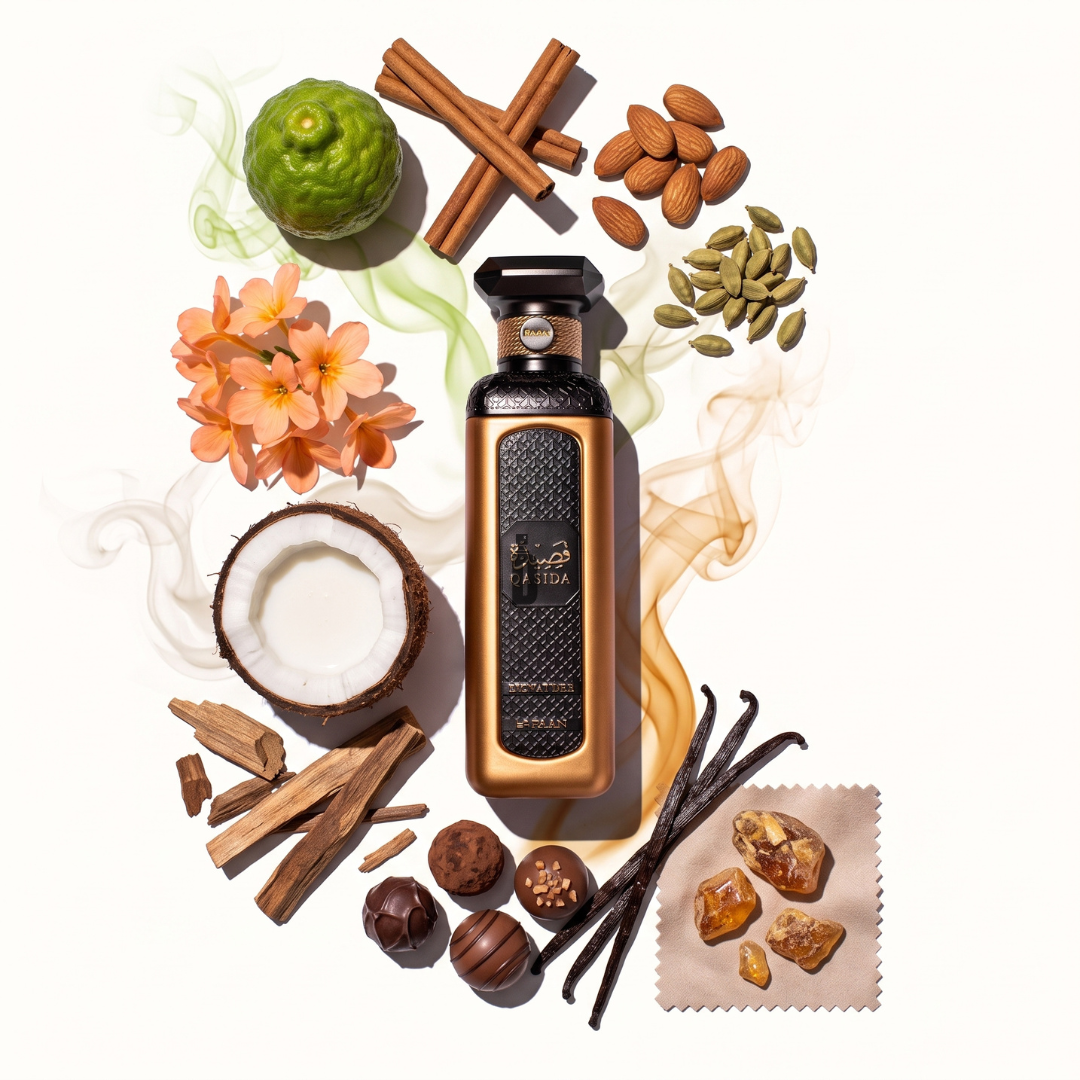 Experience sheer luxury with the Qasida Signature 200ml EDP by Faan Perfumes, beautifully presented amidst an artful arrangement of cinnamon sticks, lime, almonds, cardamom, coconut, wood, vanilla beans, amber, chocolates, and orange flowers—all set against a clean white backdrop.