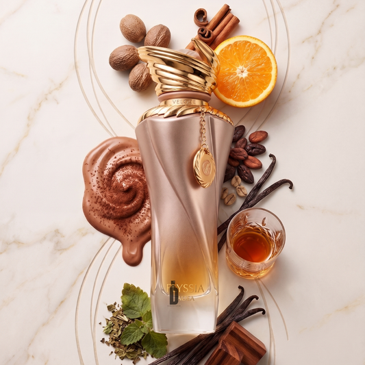 The Riiffs Elyssia Aura 100ml EDP bottle sits on marble, surrounded by orange slices, cinnamon, nutmeg, vanilla beans, cocoa powder, coffee beans, herbs, chocolate, and amber liquid—perfectly capturing its gourmand allure.