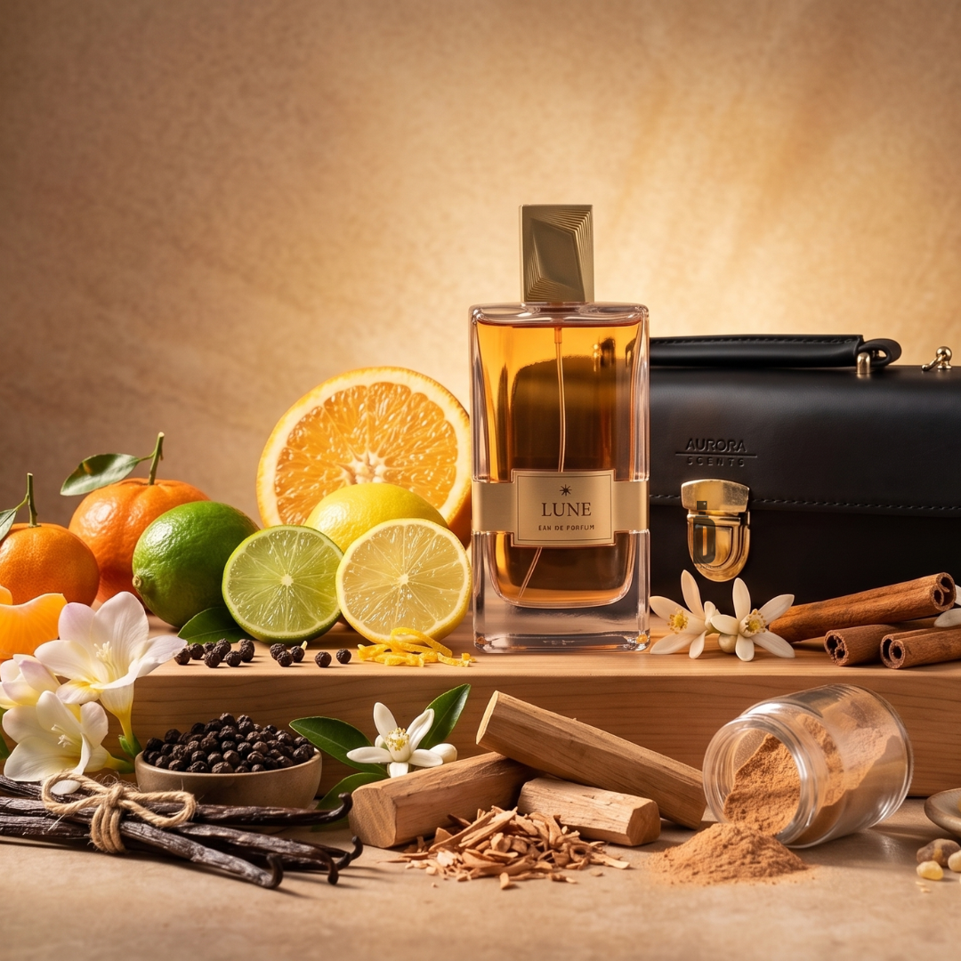 The Lune 100ml EDP by Aurora Scents sits atop a wooden tray, surrounded by fresh orange, lime, floral notes with hints of cinnamon, vanilla, peppercorns, sensual woods, and a chic black handbag.