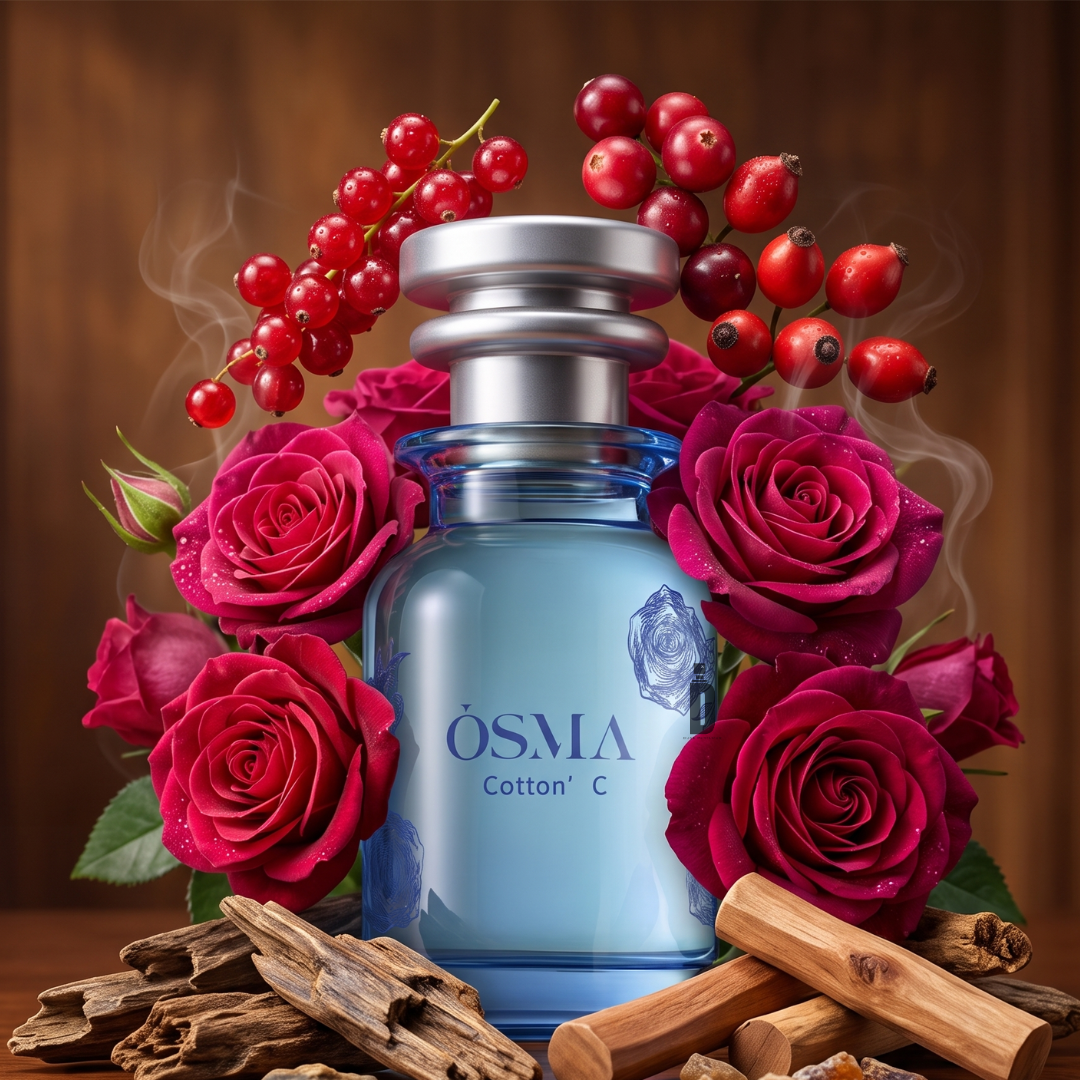 A blue Osma "Cotton C 75ml EDP" perfume bottle is surrounded by red roses, berries, and wood, suggesting a rose scent with woody notes. Wisps of fragrance rise in front of a soft brown background.