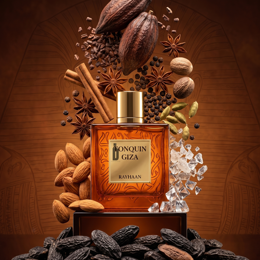 A bottle of Tonquin Giza 100ml EDP by Rayhaan is surrounded by creamy vanilla, almonds, cocoa beans, cinnamon sticks, star anise, cardamom, nutmeg, and crystals on an ornate warm brown background.