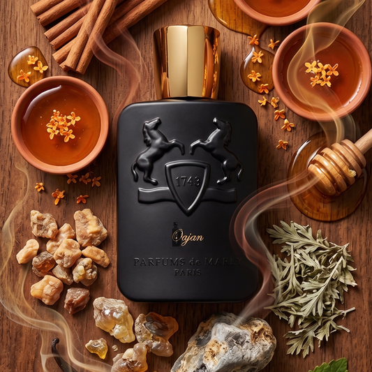 A sleek black bottle of Oajan 120ml EDP by Parfums de Marly, topped with a gold cap, is artfully placed amidst honey, cinnamon sticks, herbs, and spices on a wooden surface. Wisps of fragrant smoke swirl around it, capturing the opulent amber notes that define this luxurious fragrance from Parfums de Marly.