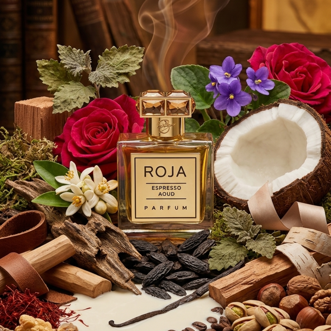 A Roja Parfums Espresso Aoud 100ml EDP bottle sits among rose, violet, coconut, woods, vanilla beans, spices, and coffee beans—capturing this rich gourmand oud fragrance from Roja Parfums.