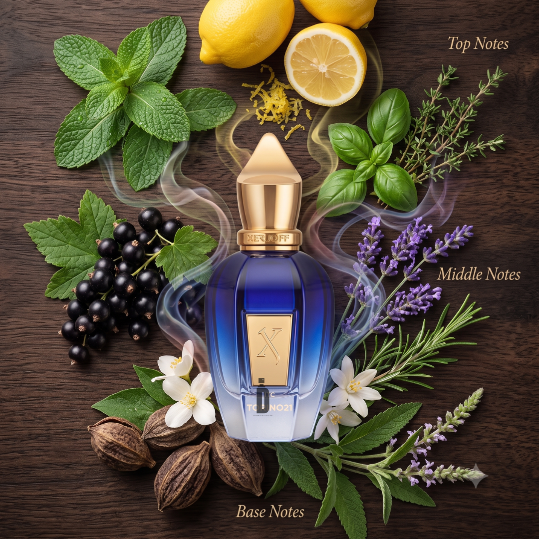 A striking blue bottle adorned with gold accents is encircled by lemon, mint, basil (top notes), lavender, and blackcurrant (middle notes), alongside floral and nutty elements (base notes)—all elegantly arranged to capture the aromatic citrus fragrance profile of Xerjoff’s Torino 21 100ml EDP, inspired by the Nitto ATP Finals.