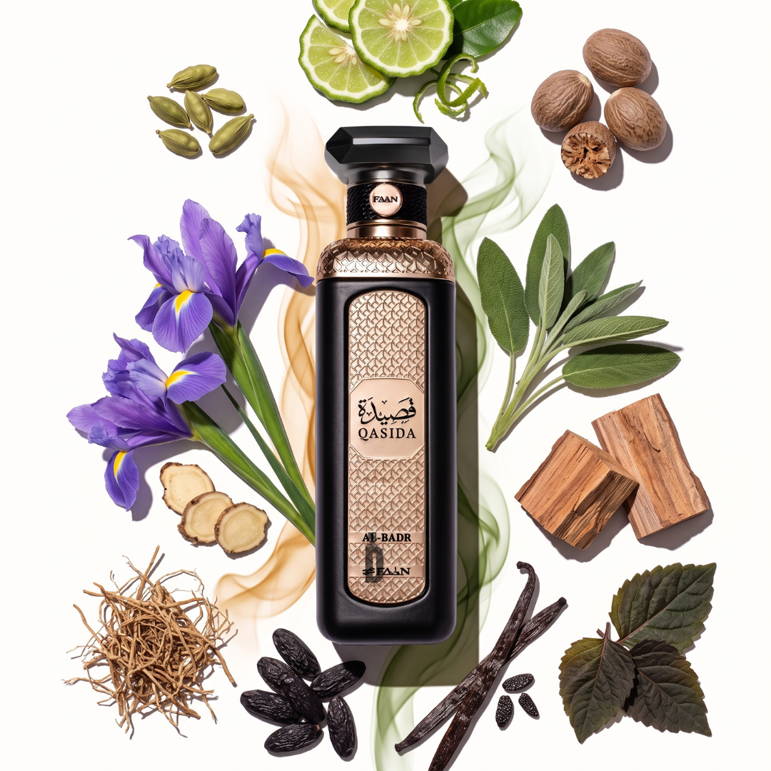 A bottle of Qasida Al-Badr 200ml EDP by Faan Perfumes is artfully displayed amidst fresh lime, iris flowers, ginger, sage, an assortment of spices, vanilla beans, wood pieces, and deep green leaves—all arranged on a white background to evoke the aromatic essence of the fragrance.