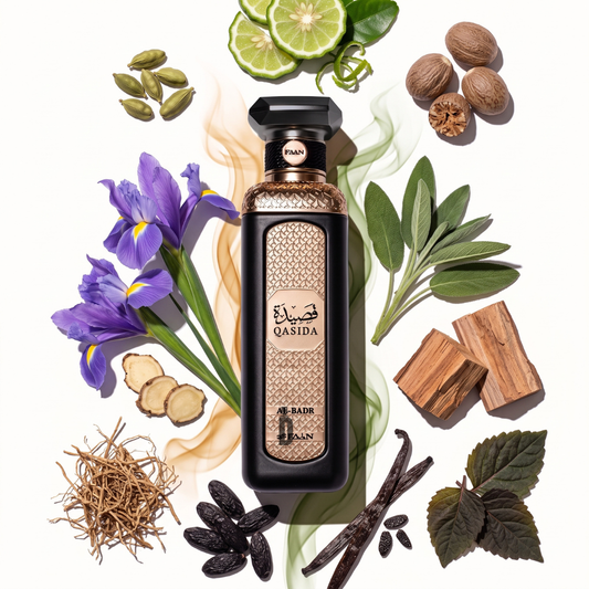 A bottle of Qasida Al-Badr 200ml EDP by Faan Perfumes is artfully displayed amidst fresh lime, iris flowers, ginger, sage, an assortment of spices, vanilla beans, wood pieces, and deep green leaves—all arranged on a white background to evoke the aromatic essence of the fragrance.