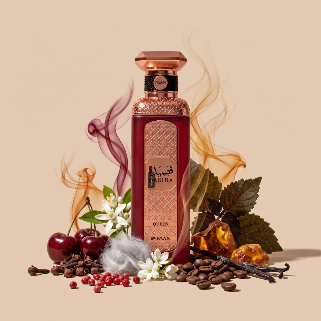 A bottle of Qasida Queen 200ml EDP by Faan Perfumes is artfully arranged among cherries, coffee beans, white flowers, amber, vanilla pods, dark leaves, and swirling colored smoke on a light beige background—an elegant presentation that reflects the luxurious cherry fragrance inspired by Qasida Queen.