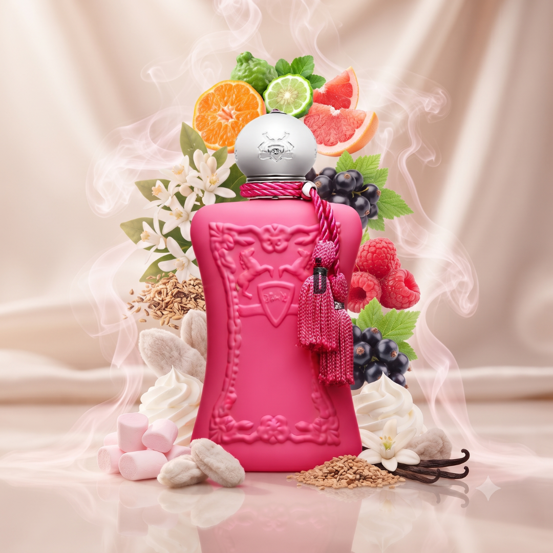 A pink bottle of Oriana 75ml EDP by Parfums De Marly, adorned with a tassel, is elegantly arranged among luscious fruits, delicate flowers, fluffy marshmallows, creamy vanilla, and seeds. All elements rest atop a soft-draped backdrop with wisps of smoke—perfectly evoking the captivating charm and gourmand artistry embodied by this feminine fragrance from Parfums De Marly.