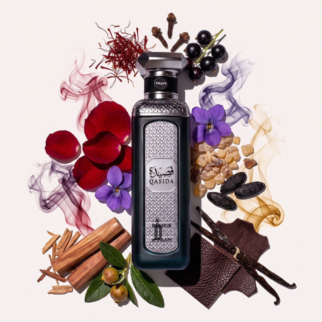 A bottle of Qasida Bakhur 200ml EDP by Faan Perfumes is surrounded by red and purple flowers, saffron, black currants, vanilla beans, cinnamon sticks, resin pieces, and swirling colored smoke on a white background—evoking the rich allure of a luxurious bakhur-inspired blend with subtle sandalwood nuances in every note.