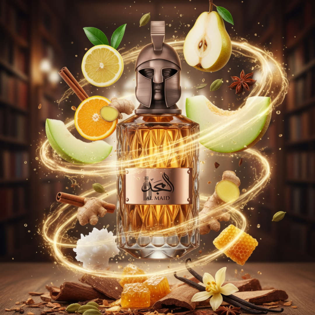 The Al Majd 100ml EDP by Le Falconé stands in a library, its warrior-helmet cap surrounded by floating fruits, spices, honeycomb, and golden light, evoking the luxurious and exotic scent of amber perfume.