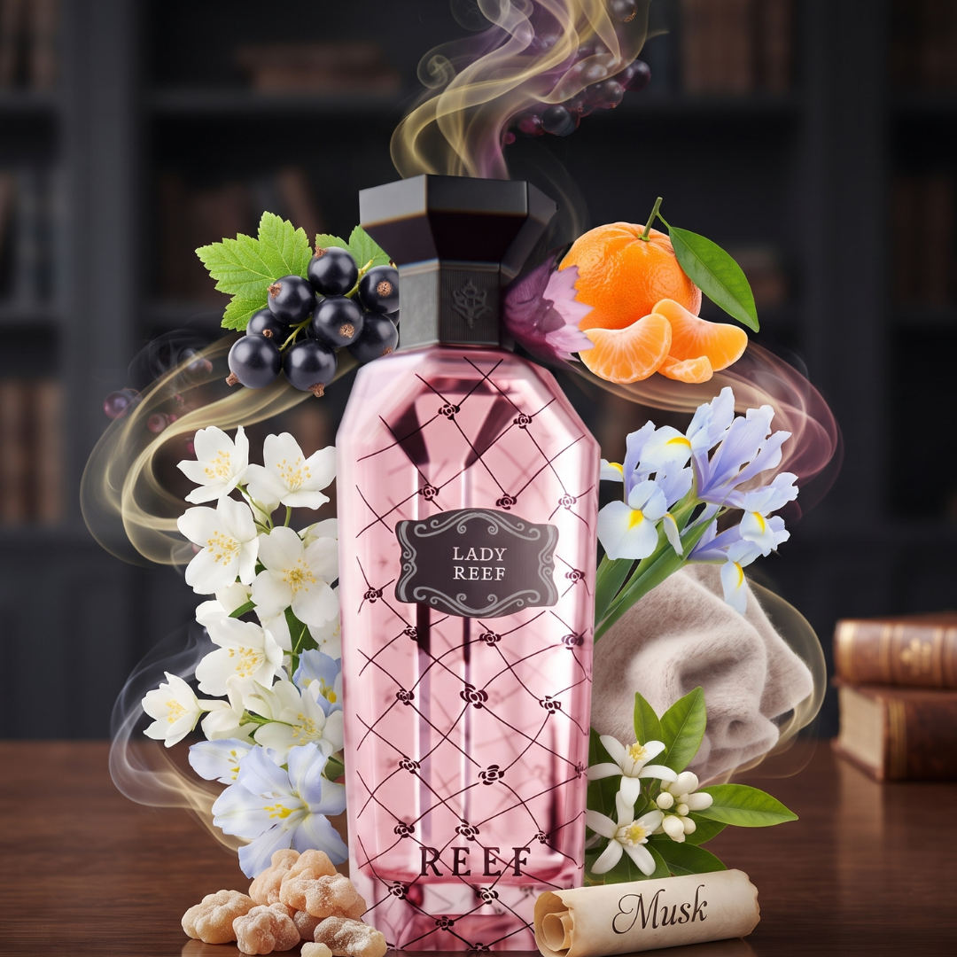 A pink 150ml bottle of Reef's "Lady Reef" Eau de Parfum is displayed amidst delicate flowers, blackcurrants, orange peel, walnuts, and a musk tag. Swirling scented vapors evoke an elegant floral aroma as the feminine fragrance unfolds gracefully before a softly blurred bookshelf background.