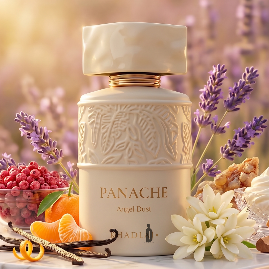 A cream-colored perfume bottle labeled "Panache Angel Dust 100ml EDP - Khadlaj" from Khadlaj is artfully displayed among sprigs of lavender, delicate white blossoms, ripe berries, zesty tangerines, vanilla pods, and nuts in a softly sunlit outdoor setting—perfectly capturing the indulgent gourmand essence of this exquisite vanilla fragrance.