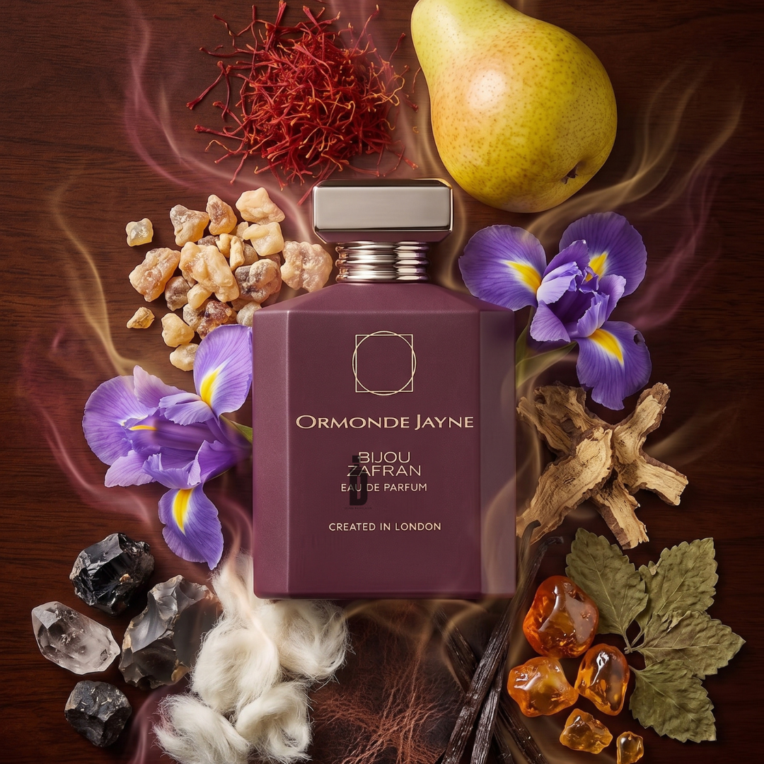 Surrounded by notes of saffron, pear, orris, amber, vanilla, resins, and botanicals on a wooden surface with swirling fragrant mist, the Bijou Zafran 88ml EDP from Ormonde Jayne offers a luxurious aroma experience.