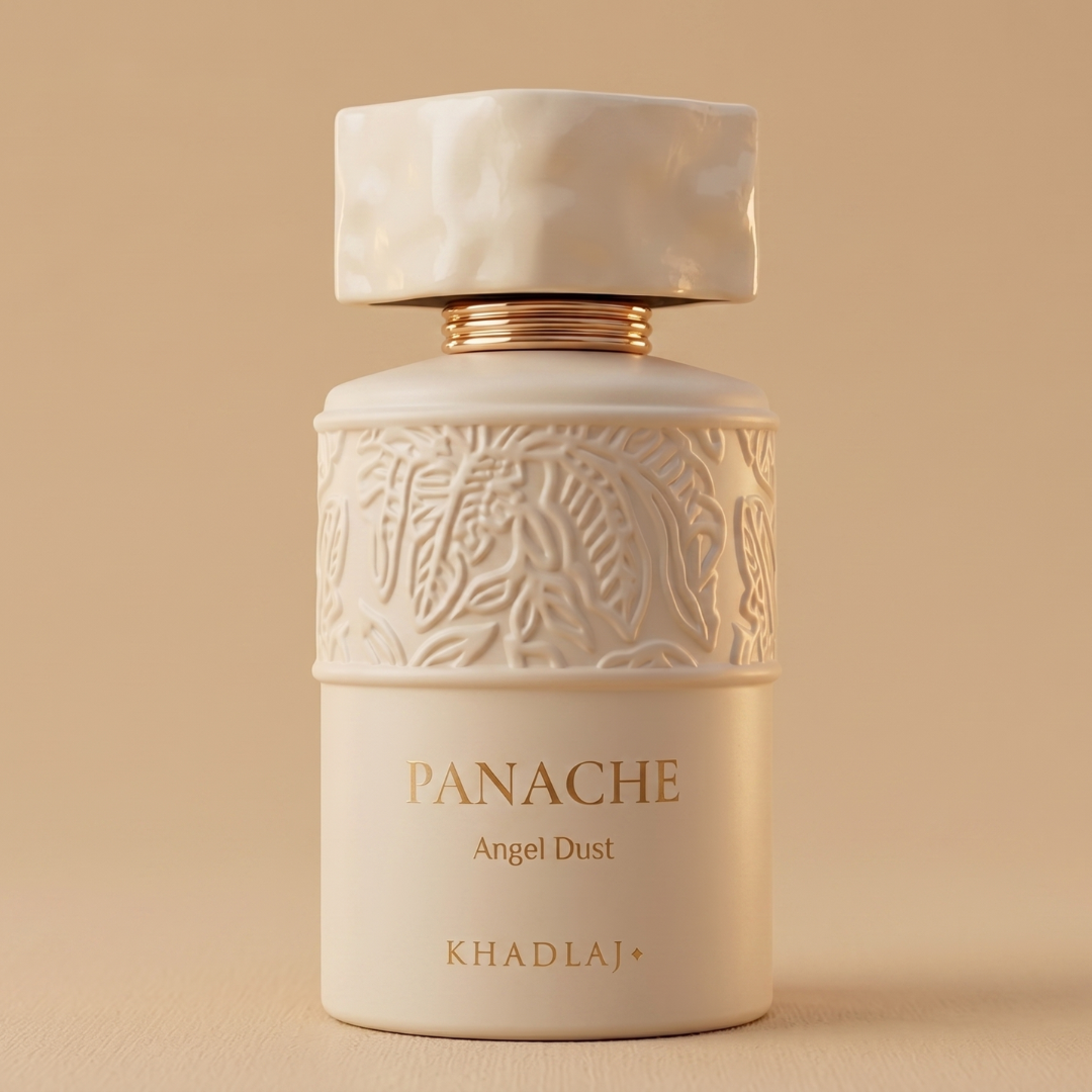 A cream-colored bottle of Panache Angel Dust 100ml EDP by Khadlaj, adorned with embossed floral patterns and a marble-like cap, set against a beige backdrop, beautifully embodies the essence of this gourmand fragrance—highlighted by inviting vanilla perfume notes.