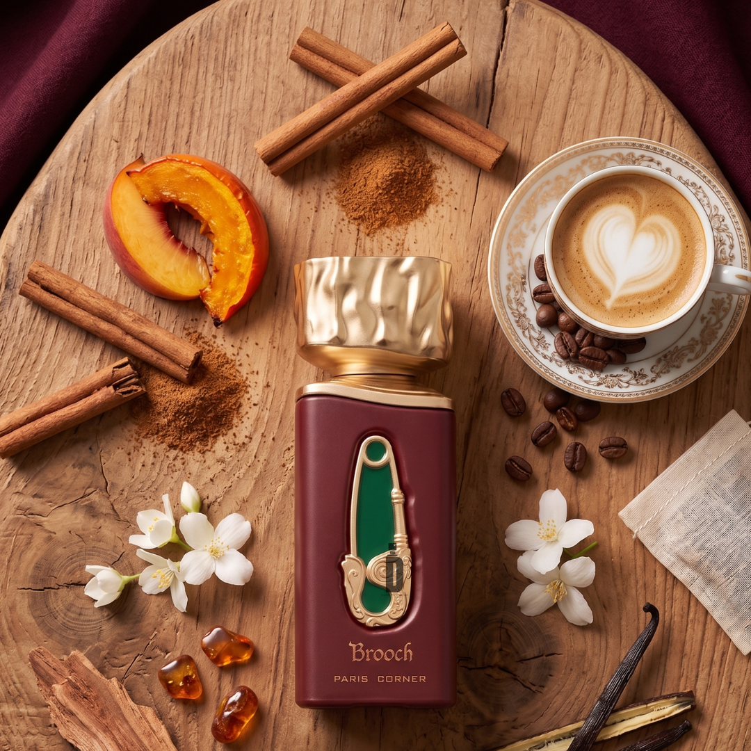 A bottle of Brooch 100ml EDP by Paris Corner rests gracefully on a wooden tray, surrounded by a cup of cappuccino with creamy coffee notes, cinnamon sticks, a peach slice, flowers, coffee beans, vanilla pods, amber stones, and a napkin—creating an inviting scene that reflects the irresistible gourmand fragrance of this Paris Corner scent.