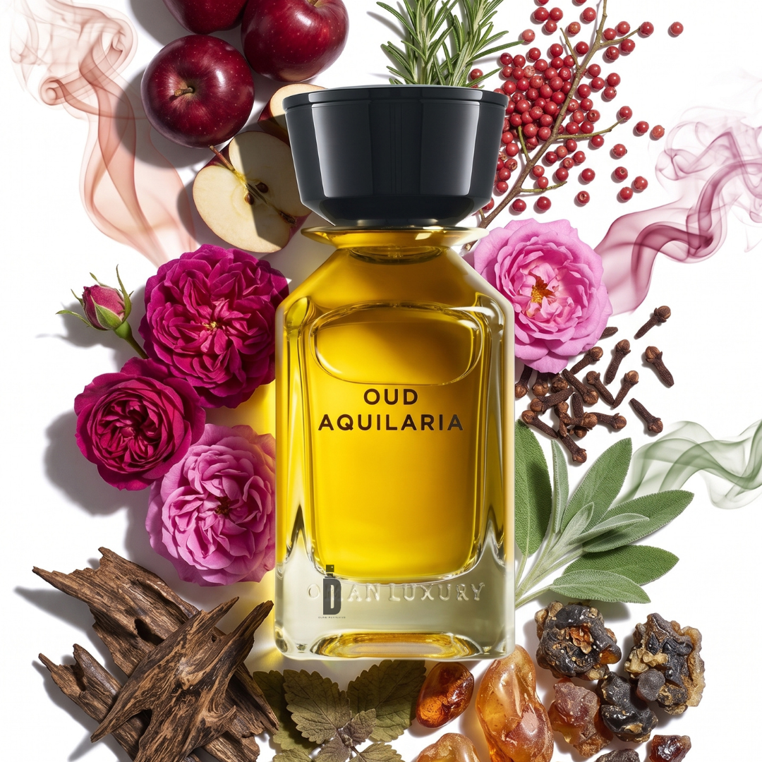 A luxurious 100ml Eau de Parfum bottle, “Oud Aquilaria” by OmanLuxury, is elegantly displayed amidst flowers, cloves, apples, wood, herbs, resins, and vibrant swirls of incense smoke—capturing the essence of this exquisite Oud fragrance crafted by OmanLuxury.