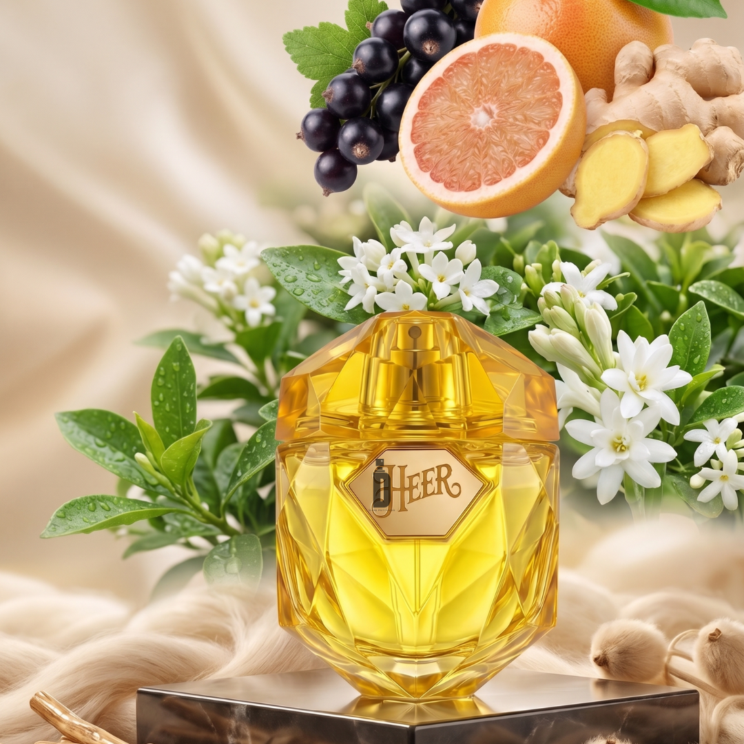 A faceted yellow bottle of Heer 100ml EDP by Paris Corner rests on a marble surface, adorned with jasmine flowers, black currants, ginger, and grapefruit. Silky beige fabric drapes the background, capturing the essence of this elegant fragrance—a fresh floral scent that embodies the luxurious allure of Paris Corner.