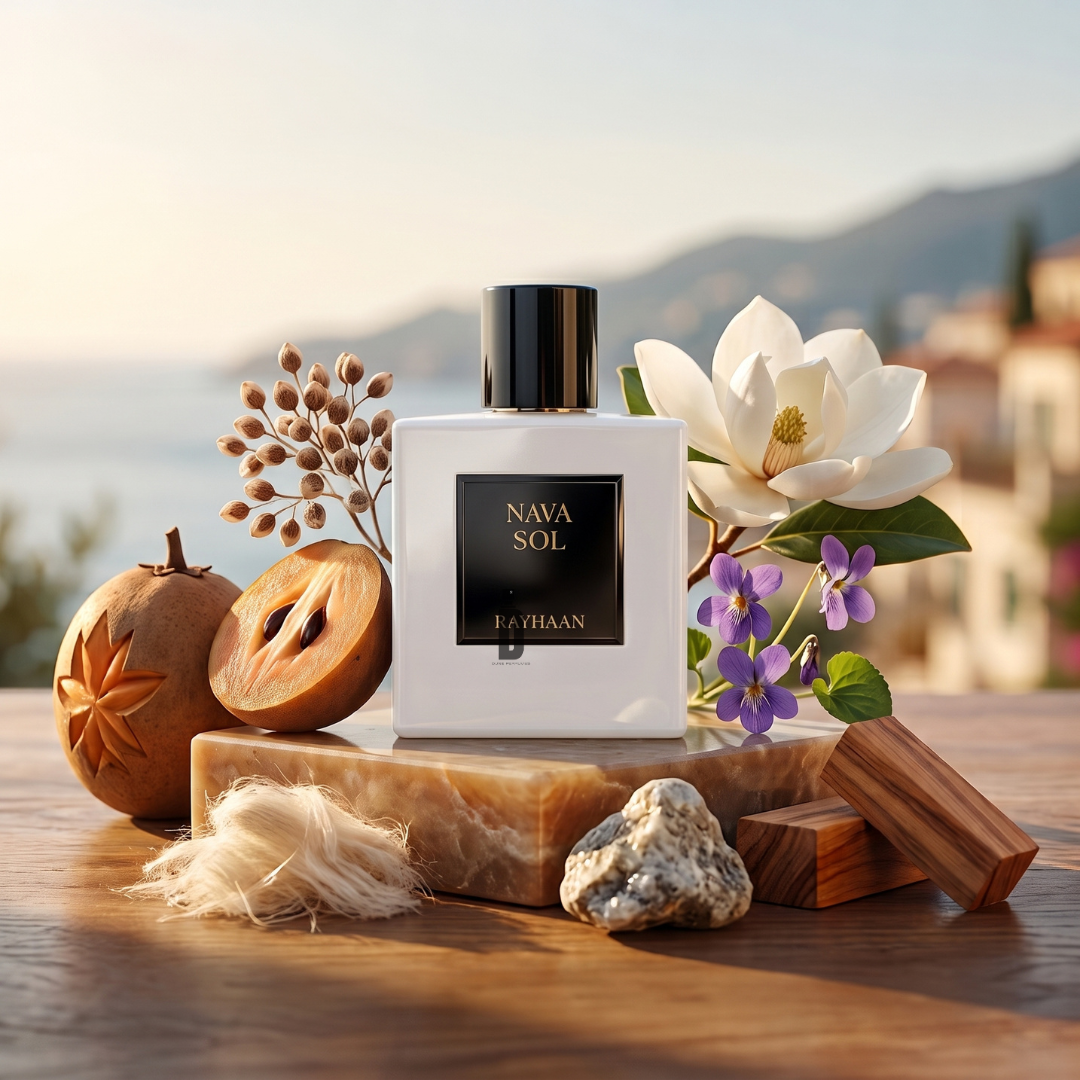 A 100ml bottle of Nova Sol Eau de Parfum by Rayhaan rests on a stone slab, encircled by vibrant fruits, delicate flowers, wood, and rocks. In the background, a scenic seaside landscape is softly blurred—an ideal showcase for the captivating Rayhaan fragrance from Nova Sol.