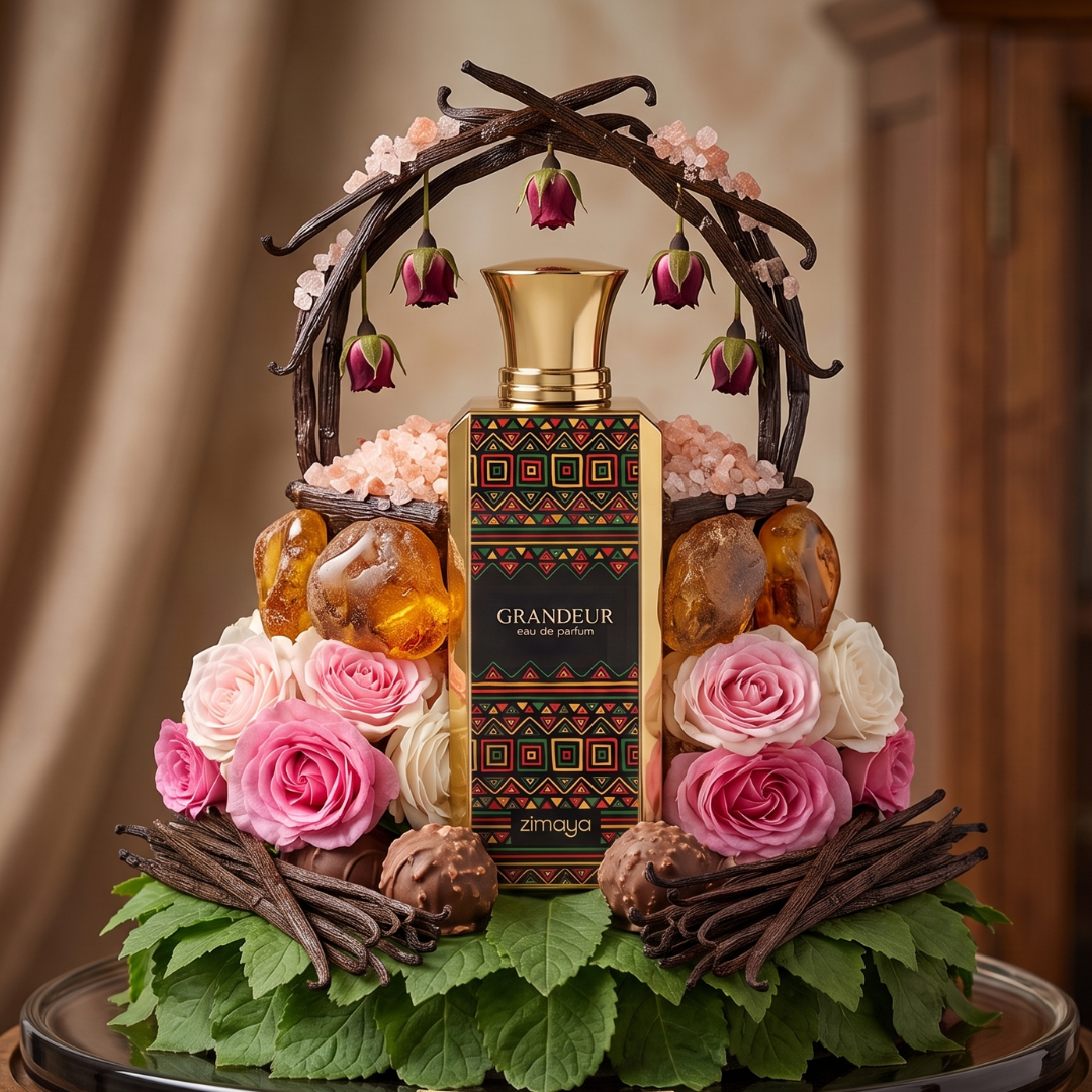 A bottle of Grandeur 100ml EDP by Zimaya from Afnan, featuring a geometric label, is artfully arranged on green leaves and a glass surface—encircled by pink and white roses, amber stones, chocolates, and twigs—creating an enchanting scene evocative of a floral gourmand fragrance.