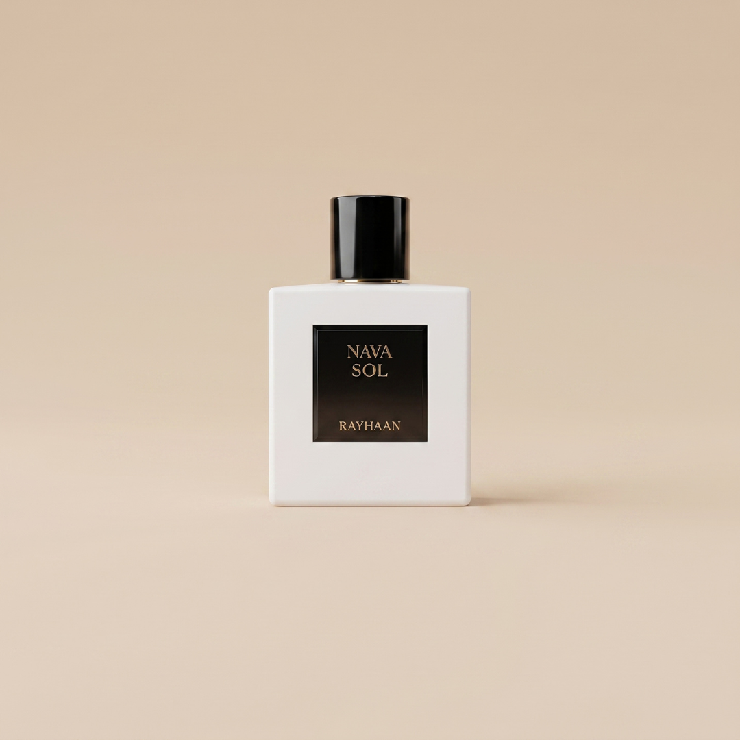 A white perfume bottle with a black label reading “Rayhaan” and a black cap, displayed against a beige background, presents the Nova Sol 100ml EDP by Rayhaan—a long-lasting fragrance that epitomizes elegance.