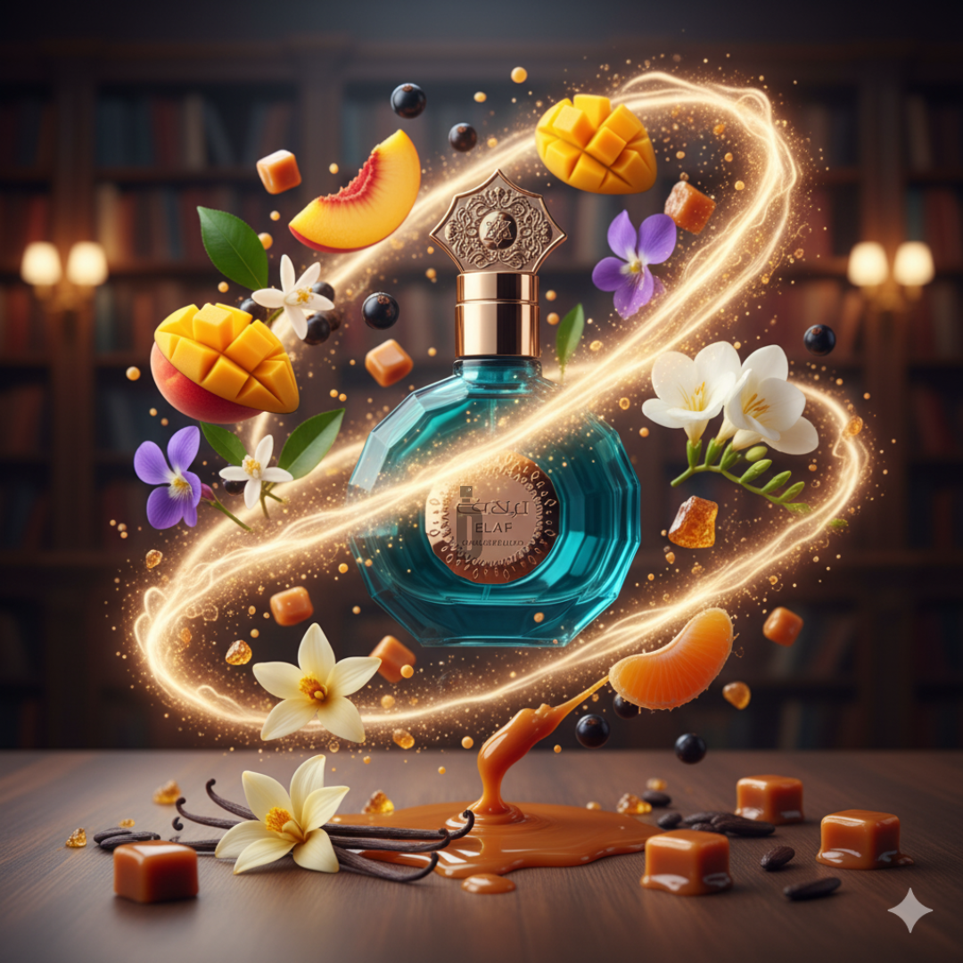 The Elaf 100ml EDP by Mamlakat Al Oud features a turquoise bottle on a table, surrounded by sparkles, mangoes, peaches, white flowers, caramel, and vanilla—evoking a dreamy vanilla fragrance in a softly lit library.