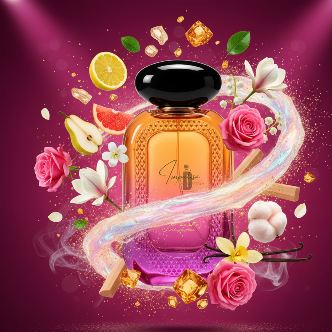 Impalisa 100ml EDP by Hekayat Attar is showcased amidst floating fruits, flowers, vanilla musk, wood, and sparkling effects on a deep magenta background for a vibrant, luxurious floral gourmand vibe.