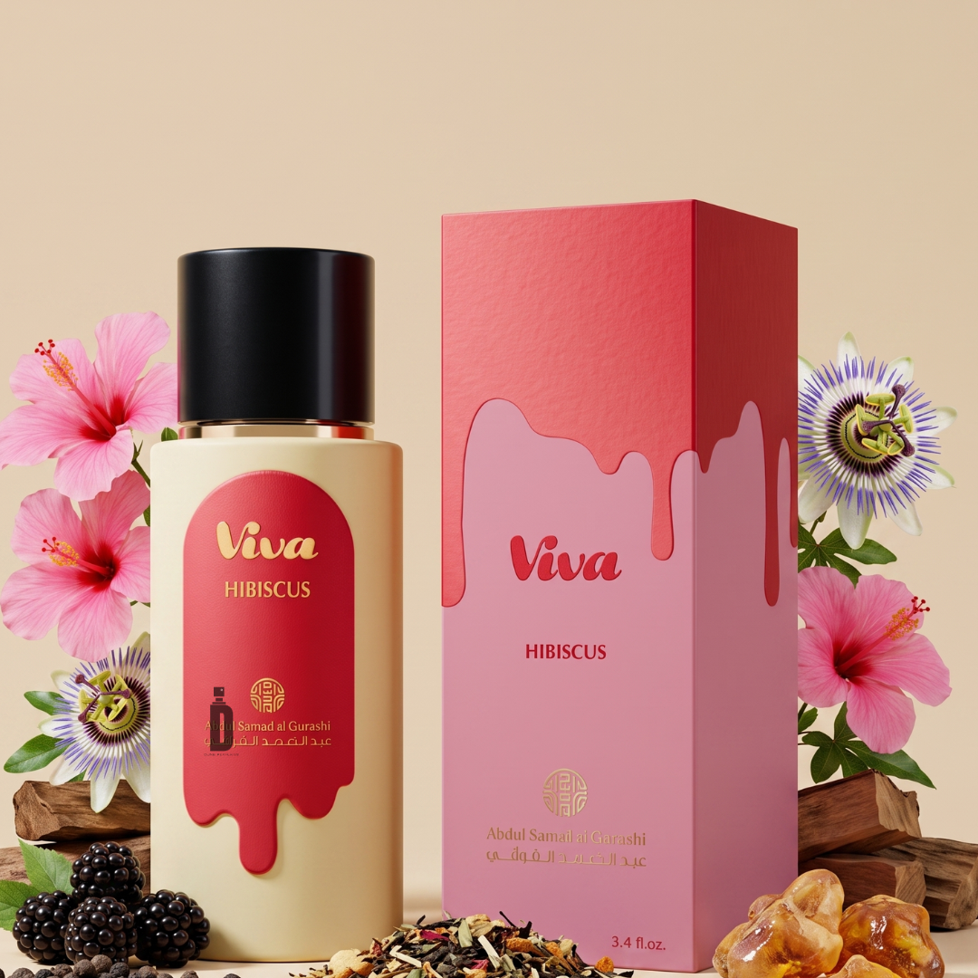 The Viva Hibiscus 100ml EDP by Abdul Samad Al Qurashi is featured with its elegant bottle and box, set amidst hibiscus flowers, passion flowers, peppercorns, and assorted dried spices on a beige background, capturing the vibrant essence of this floral fragrance.