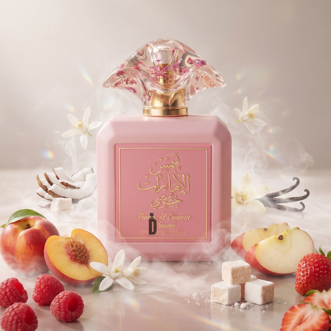 A pink perfume bottle of Shams Al Emarat Khususi Pink Blush 100ml EDP by Ard Al Zaafaran, embellished with gold Arabic script, rests among raspberries, peach slices, apple pieces, white flowers, coconut pieces, and sugar cubes amidst gentle wisps of mist—a captivating women’s fragrance that artfully blends sweet elegance with an air of mystery.