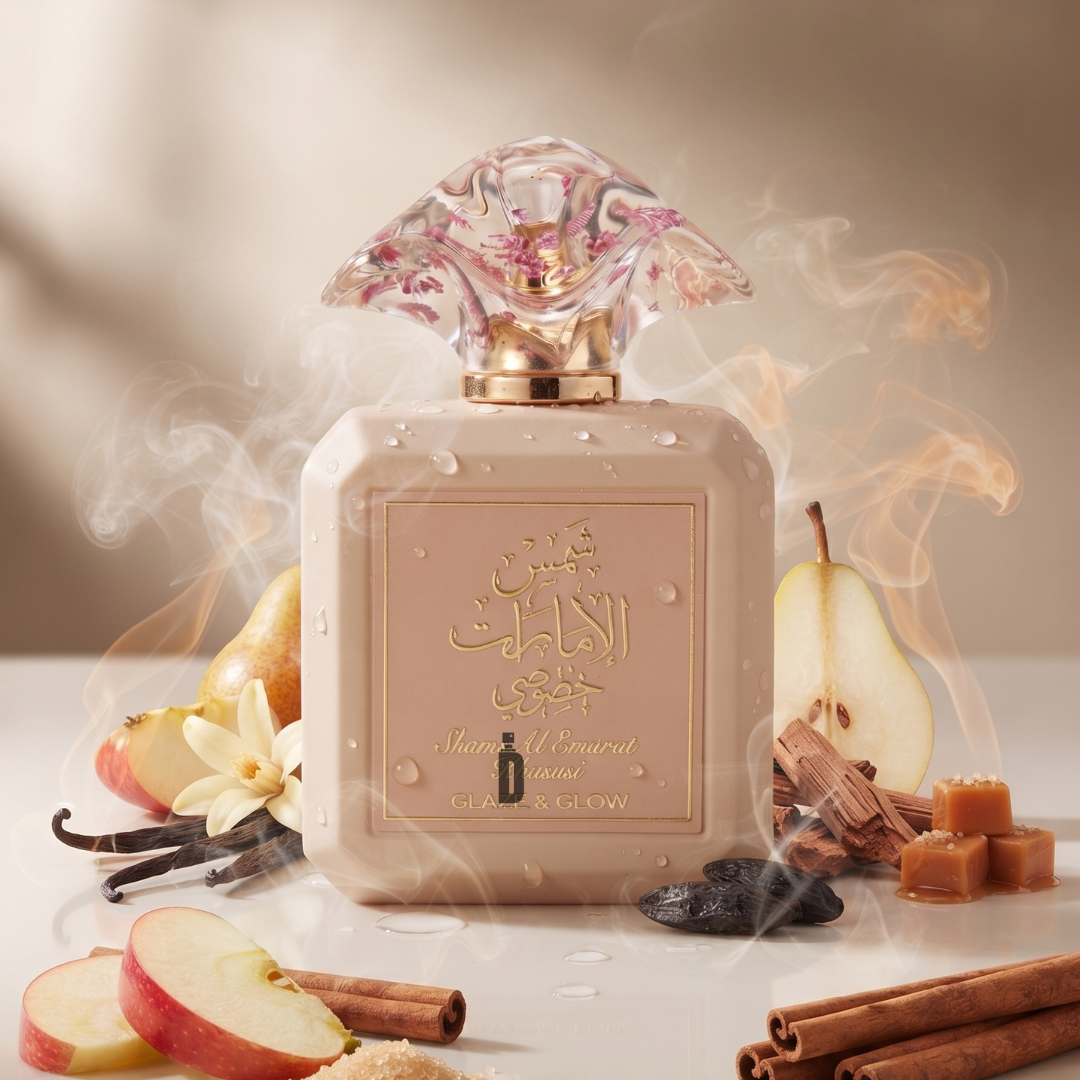A bottle of Shams Al Emarat Khususi Glaze & Glow 100ml EDP by Ard Al Zaafaran, adorned with golden Arabic script that captures the brand’s signature elegance, is artfully surrounded by slices of apple and pear, rich caramel, cinnamon sticks, delicate vanilla flowers, and dried plums. Wisps of smoke weave through the scene, evoking a luxurious and aromatic ambiance that encapsulates the opulence of this Ard Al Zaafaran fragrance.