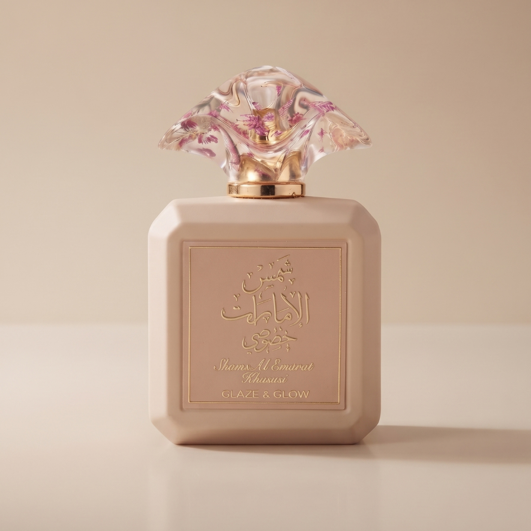 The Shams Al Emarat Khususi Glaze & Glow 100ml EDP by Ard Al Zaafaran is presented in a beige bottle adorned with elegant gold Arabic and English lettering, a decorative clear cap with pink accents, and a label displaying the product name, all set against a neutral background.